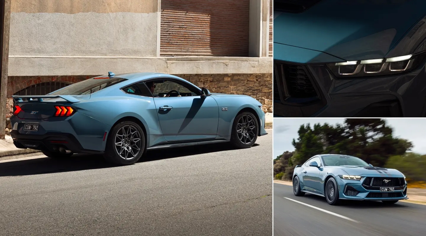 Close-up of Brembo six-piston front brake calipers on the Mustang GT