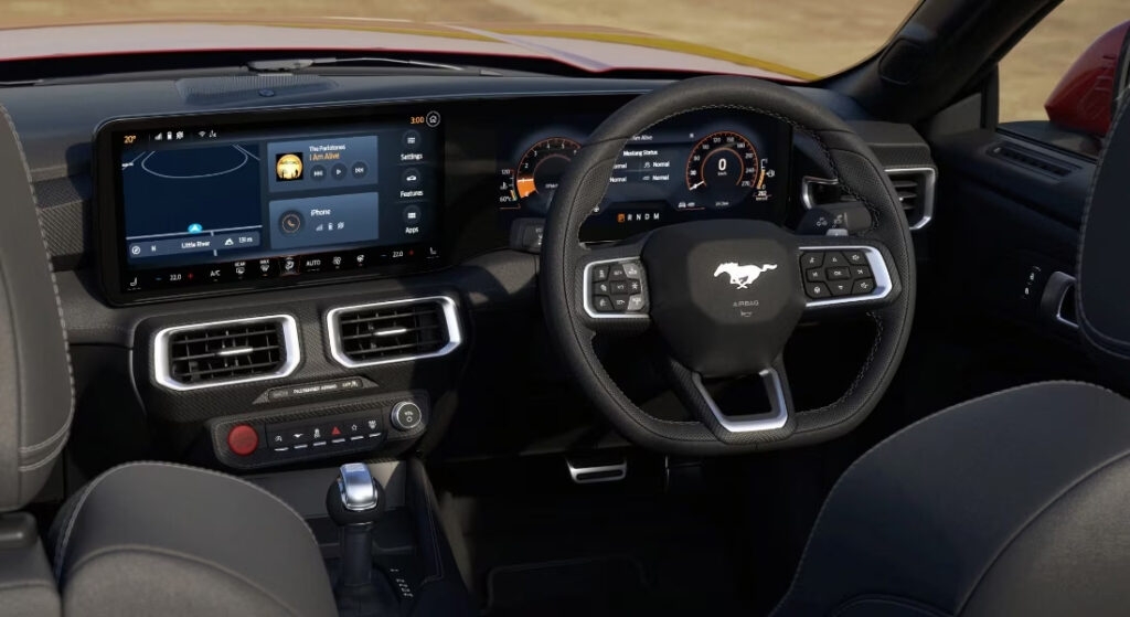 2025 Ford Mustang interior with Curved 13.2" SYNC 4 screen and digital cluster