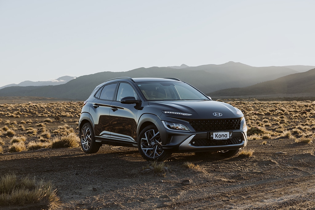 Hyundai Kona Hybrid parked front-on New Zealand