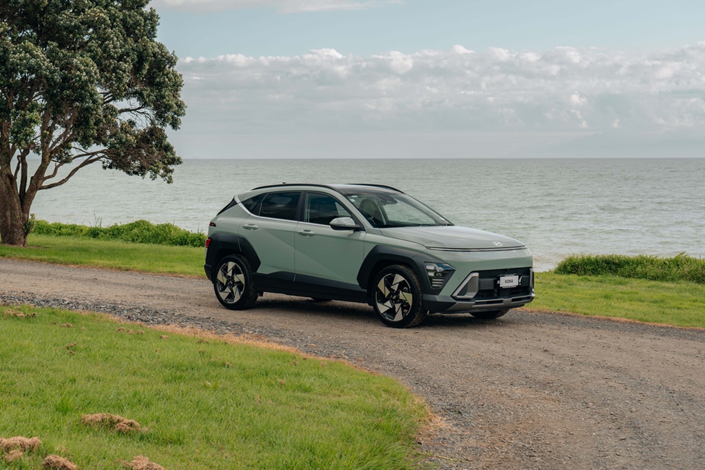 2024 Hyundai KONA parked at the beach in New Zealand