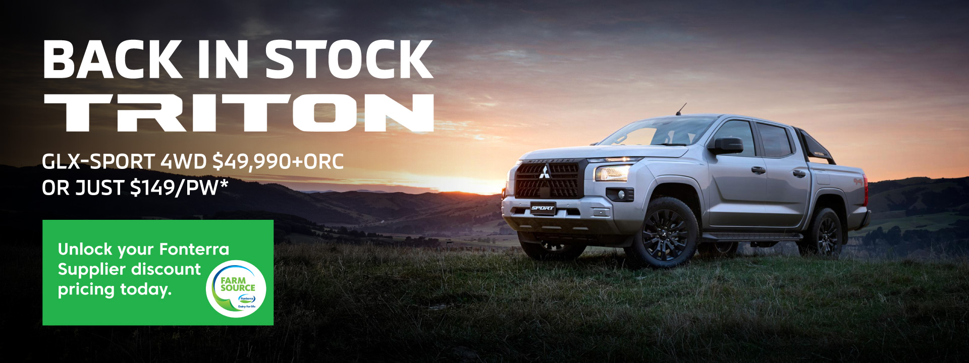 Triton GLX-Sport 4WD back in stock $49,990+ORC or just $149/pw.